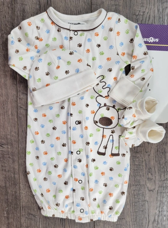 Baby Boy New Babies R Us Preemie 3pc Moose Gown Outfit w/Hat & Booties - Image 2 of 4