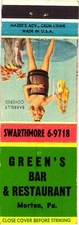 Green's Bar & Restaurant, Morton, Pennsylvania, Vintage Matchbook Cover
