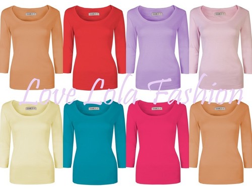 Womens Plain Tops Ladies 3/4 Sleeve Scoop Neck Stretch Cotton Top T-Shirts eBay