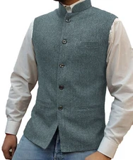 Mens Tweed Waistcoat Herringbone Classic Western Vintage Wool Vests M L XL XXL