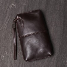 Men's Leather Clutch Wallet Wristlet Bag Zipper Closure Portable Organizer