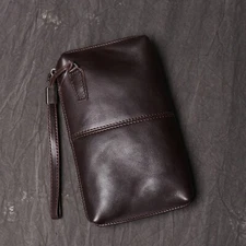 Mens Leather Wristlet Wallet Clutch Bag Zippered Organizer Multiple Pockets