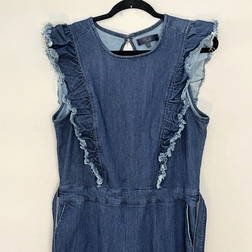 Mono vaquero con volantes Rachel Roy mameluco mangas cortas talla 12 elástico piernas anchas Foto 4 de 4