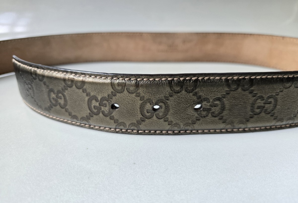 Gucci Belt Gold GG Buckle 85 34 Pewter Gray Brown Metallic