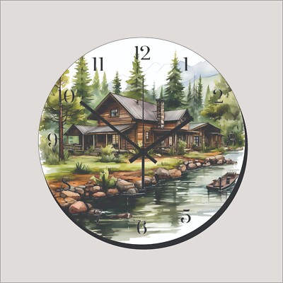 Rocky Mountains Cabin On A River Summertime Wall Clock Hanging   Time Piece