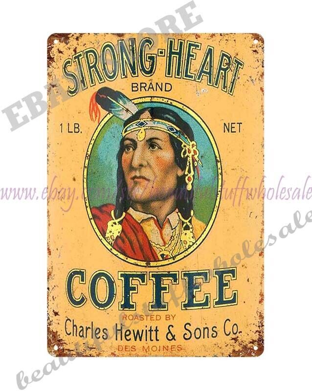 1920s STRONG-HEART COFFEE NATIVE AMERICAN metal tin sign room