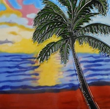 Beach hand painted ceramic art tile 6 x 6 inches with fiberboard back