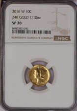 2016-w 24k Gold Mercury 1/10 Oz. 10 Cents Ngc Sp70. Free Shipping.