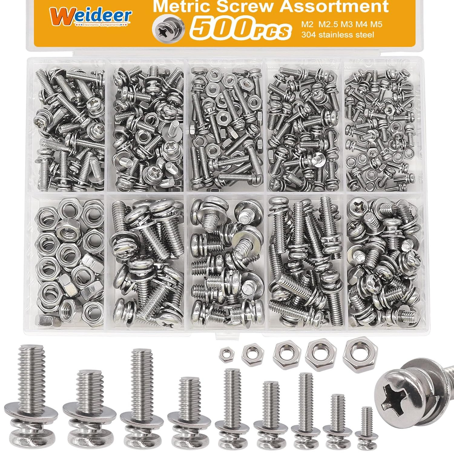 500Pcs Nut and Bolt Assortment Kit,M2 M2.5 M3 M4 M5 Machine Screws, 304 Stainles