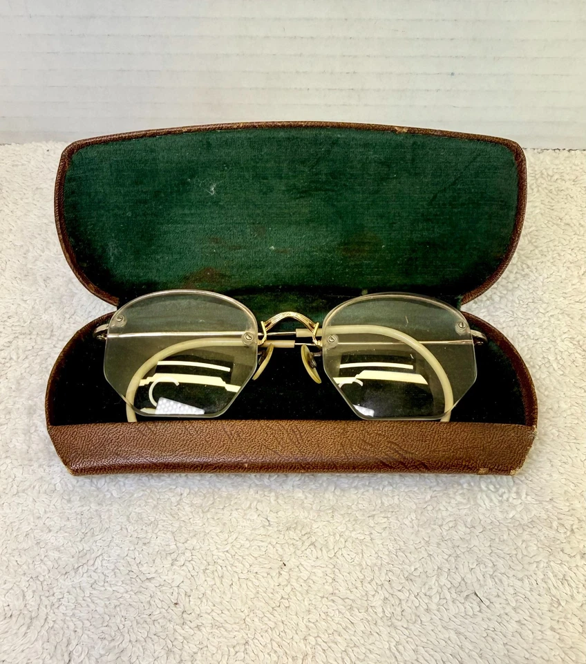 Antique 1/10 12K Gold Filled Rimless Eyeglasses Case & Cloth Wire Cable Temples - Image 2 of 4