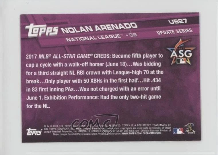 2017 Topps Mini Update Series Red /5 Nolan Arenado #US27 - Image 2 of 2