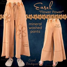 EASEL  Flower Path  Mineral Washed Pants Wide Leg Cozy Relax Fit Raw Seams, Hems