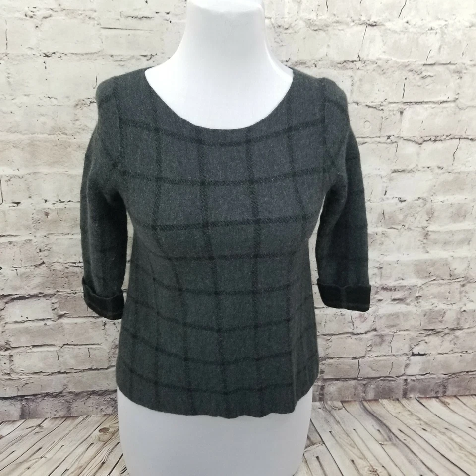 Suéter para mujer Tahari grande gris a cuadros 100 % lana merino manga 3/4 pulóver Foto 3 de 4