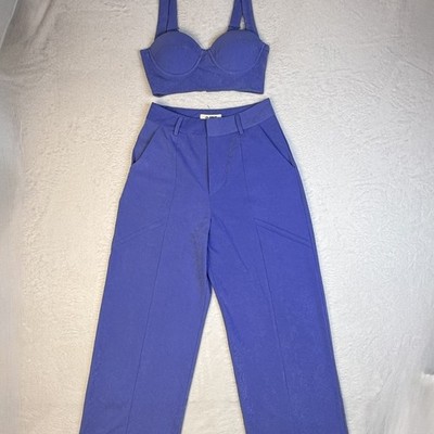 4th Reckless Midriff Top And Pants 2 & 4 Faux Suede Blue Wide Leg High Rise