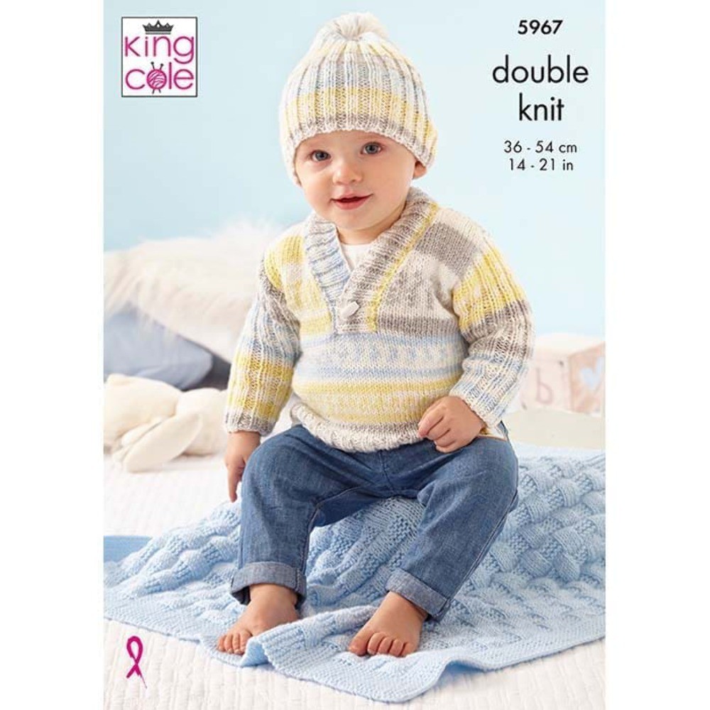 King Cole DK Knitting Pattern - 5967 Sweater, Cardigan, Hat & Blanket - Image 2