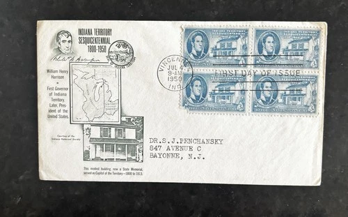 U.S. INDIANA TERRITORY SESQUICENTENNIAL 1950 FDC BLOCK OF 4 NTA