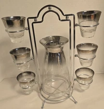 Vtg Bar Caddy Set Carafe Rocks Glasses Dorothy Thorpe Style MCM Silver Band 8 Pc