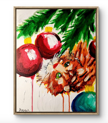 Original Art Cat Playing 14x11 Colorful Modern Art Christmas Painting on Canvas
