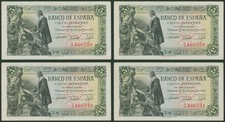 Spain: 4x Consecutive 5 Pesetas 1945 (P#129a, 7 Digits Serial) - UNC