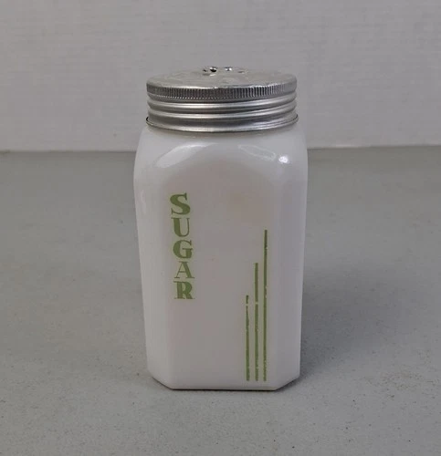 Vintage 40's Hazel Atlas RARE Green Stripe Milk Glass SUGAR Shaker Widened Holes