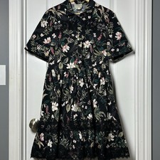 Kate Spade New York Black Botanical Floral Butterfly Lace Inset Poplin Dress