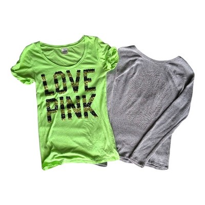 2 Pc Victoria Secret Top Lot PINK Rhinestone Skull Sweater & LOVE PINK Tshirt