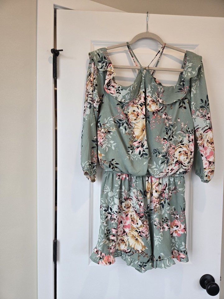 Floral Off-the-Shoulder Romper Green Pink Ruffle 3/4 Sleeve | eBay