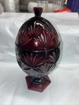 Vintage Ruby Red Glass Egg Shaped Pedestal Covered Candy Dish 9'' High  B-8