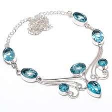 Blue Aquamarine Gemstone 925 Handmade Sterling Silver Jewelry Necklace Size- 18