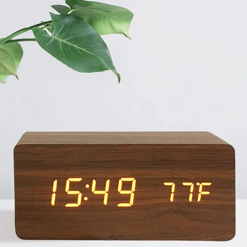 Wooden Digital LED Alarm Clock Temperature Display Desk Bedside Office Clock - Bild 2 von 4