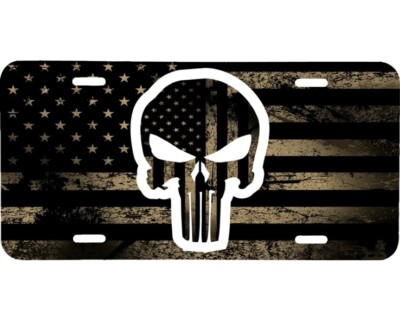 DISTRESSED TAN USA FLAG WITH PUNISHER SKULL VEHICLE LICENSE PLATE AUTO CAR TYL