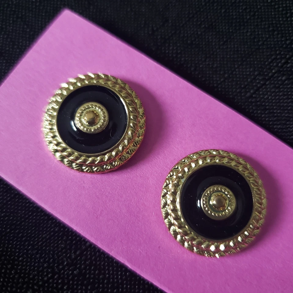 2x Vintage 21mm Black Enamel Braided Rope Gold-Tone Metal Circle Shank Buttons - Image 2 of 4