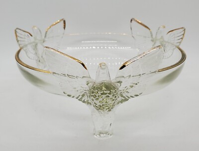 Vintage Footed Glass Candy Trinket Dish Bowl ~ 3 Eagles w/ Spread Wings ~ Gold