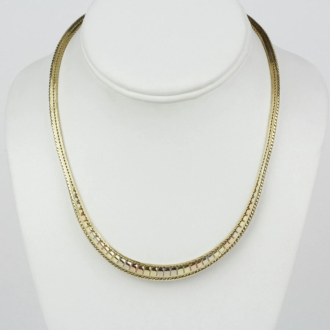 Vintage Italy 14k Tri Color Gold Wheat Chain Necklace 16