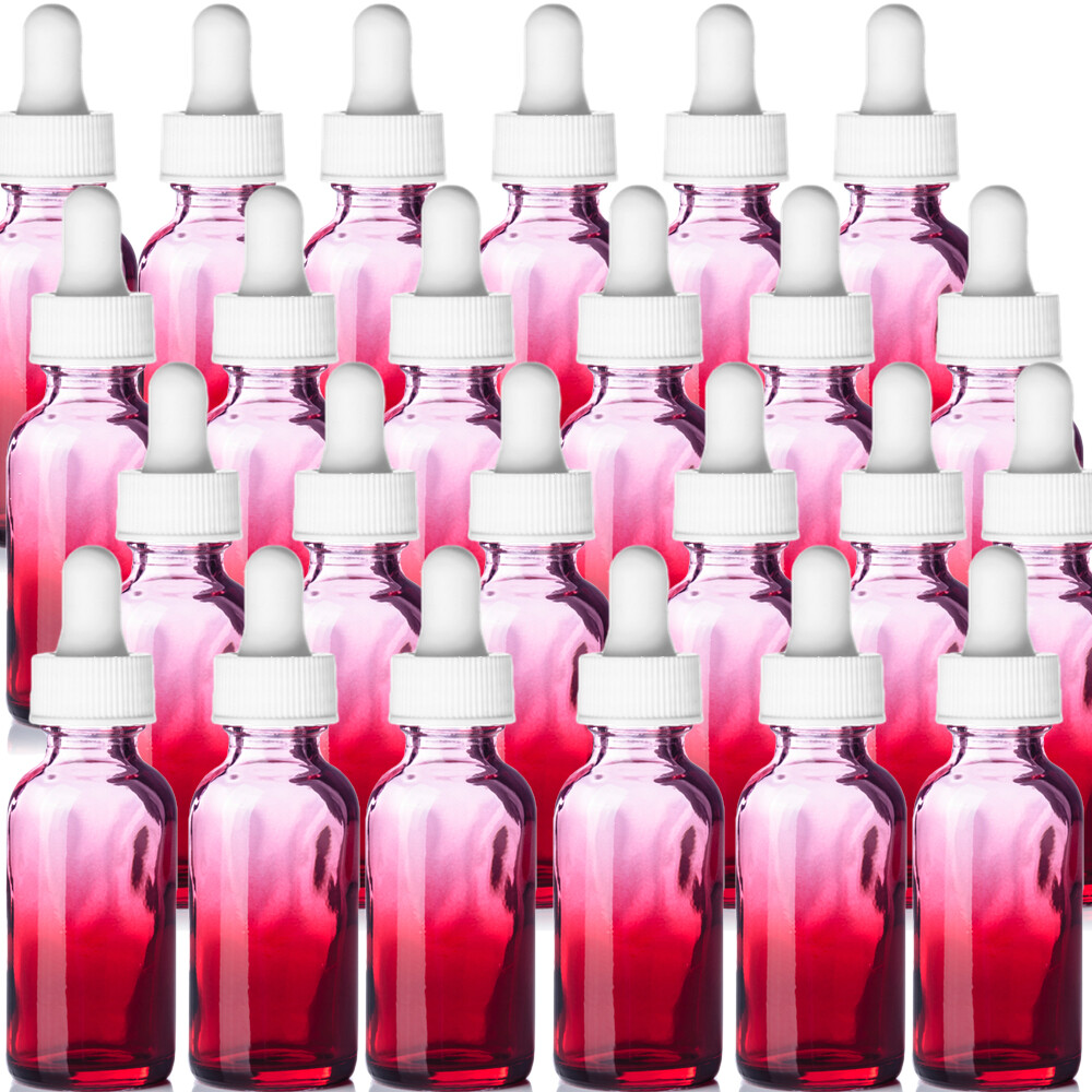 Red Shaded Glass Boston Round Bottles w/ White Glass Droppers 1 oz -24 Pack