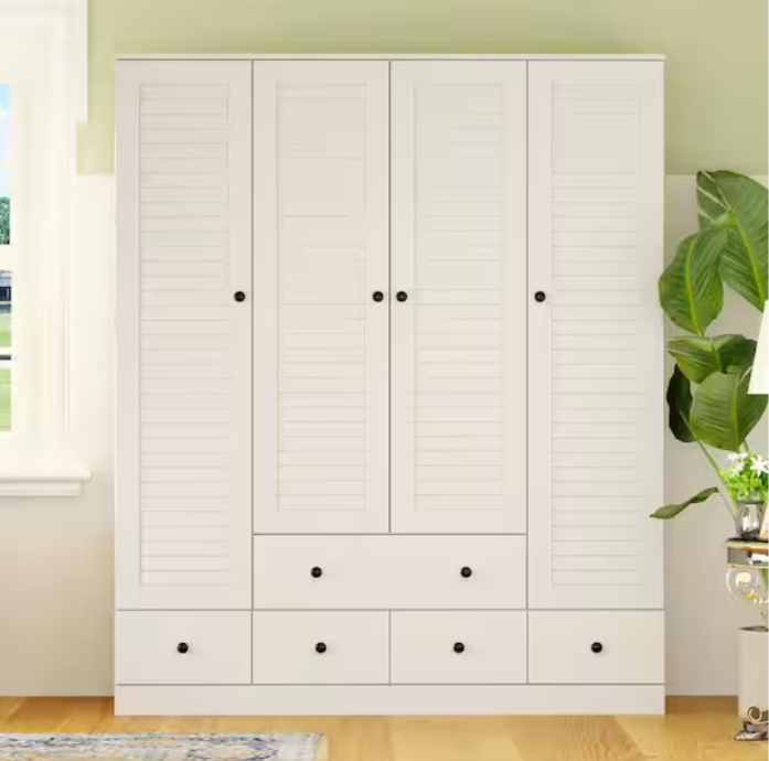 Large Wardrobe Armoire Closet 4 Shuttered Doors 5 Drawers Hanging Rod White Wood