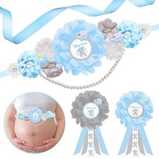 JOYMEMO Blue And Gray Elephant Baby Shower Maternity Sash Kit - Flower Baby