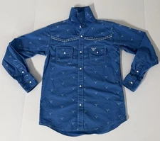 Cowboy Hardware Youth Pearl Snap-Up Shirt Blue, Size Medium 7/8  Longhorn Print