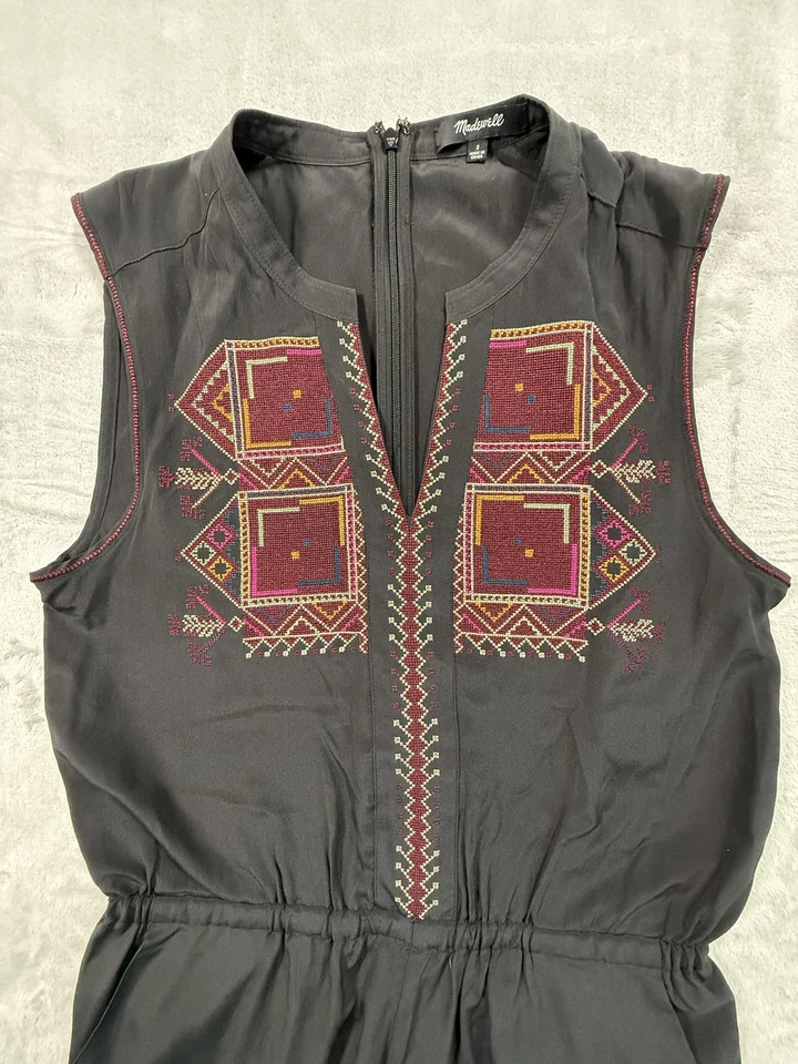 Madewell Jumpsuit Womens 2 Black Silk Embroidered Boho Sleeveless Pockets F5183 - Image 2 of 4