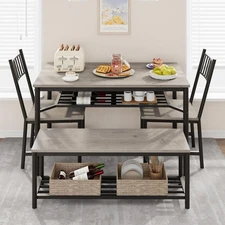 Dining Table Bench & 2 Chairs Set for 4,Rectangular Kitchen Table with Wine Rack