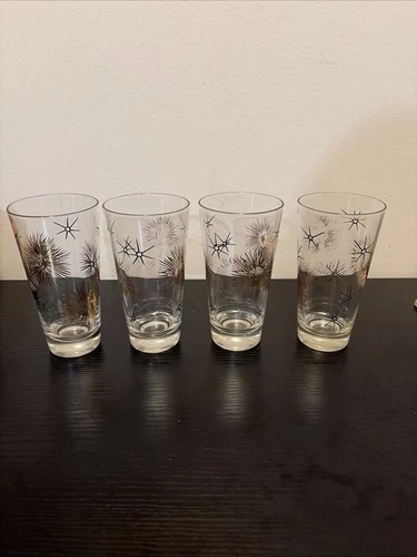 Vtg Mid Century MOD Federal Glass Atomic Starburst Tom Collins Glasses Set Of 4