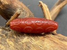 Tibetan Natural Red Old Agate DZi Carved *Fret* Bead Pendant 30mm A01