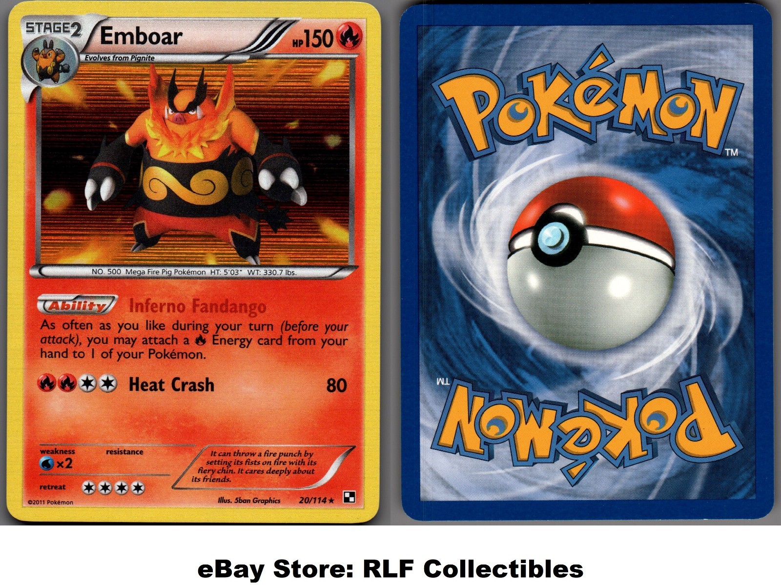 2011 Pokemon, Black & White Base, #20/114 Emboar, Holo Rare