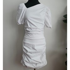 NEW MAEVE Anthropologie Women's White Slim Puff-Sleeve Ruched Dress S