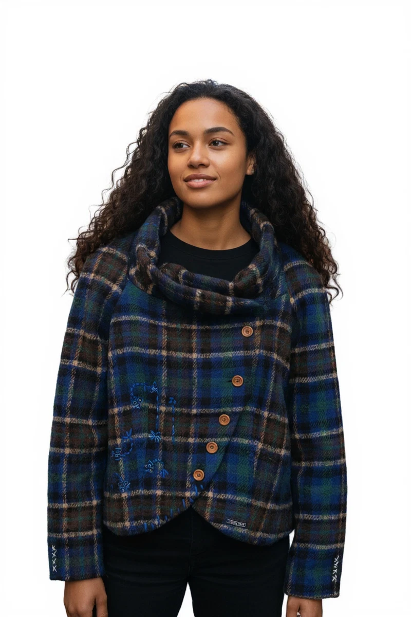 Desigual Mula Damen Mantel EU38 Blau Kariert Bestickt Wollmischung Designer Logo