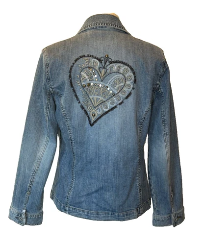 Chico's Platinum Denim Jacket Womens Sz 4 Studded Heart Embroidered Blazer Boho