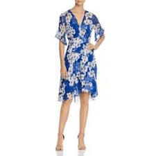 Elie Tahari "Ava" Blue White Floral V-Neck 100% Silk Crepe Shift Dress size 4