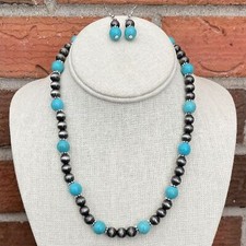 New Faux Navajo Style Pearl Turquoise Necklace Earring Set Western Boho Cowgirl