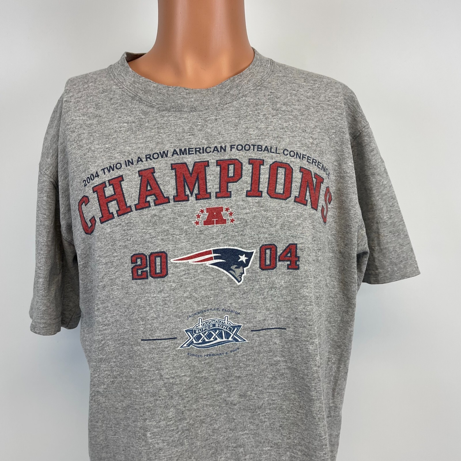 FILA Maglietta New England Patriots Two In A Row AFC Champs vintage calcio NFL grigio M