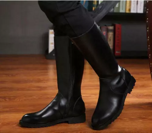 Herren Schwarz Leder Kniehoch Reitstiefel Runde Spitze Seitlicher Reißverschluss Kampfschuhe Größe - Bild 2 von 12